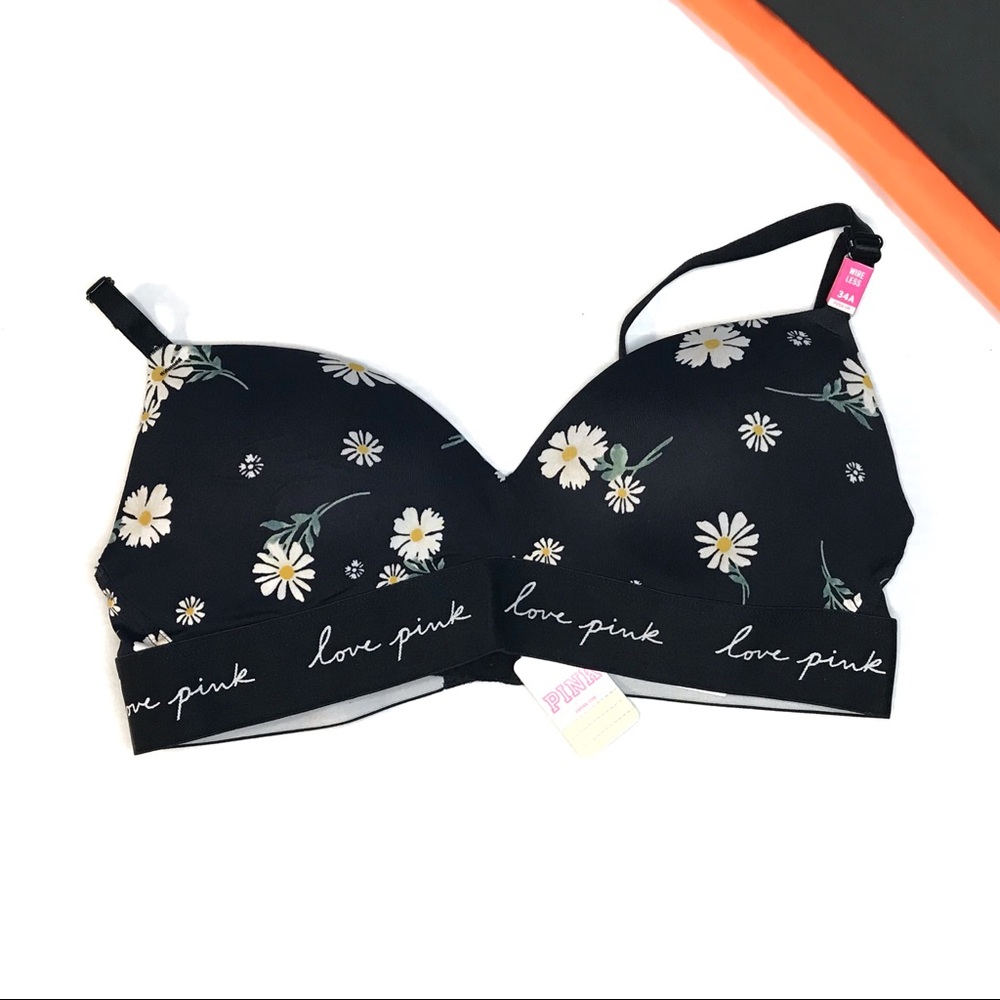 Pink Victoria’s Secret Wear Everywhere Push-up Bra Black with Daisy Print